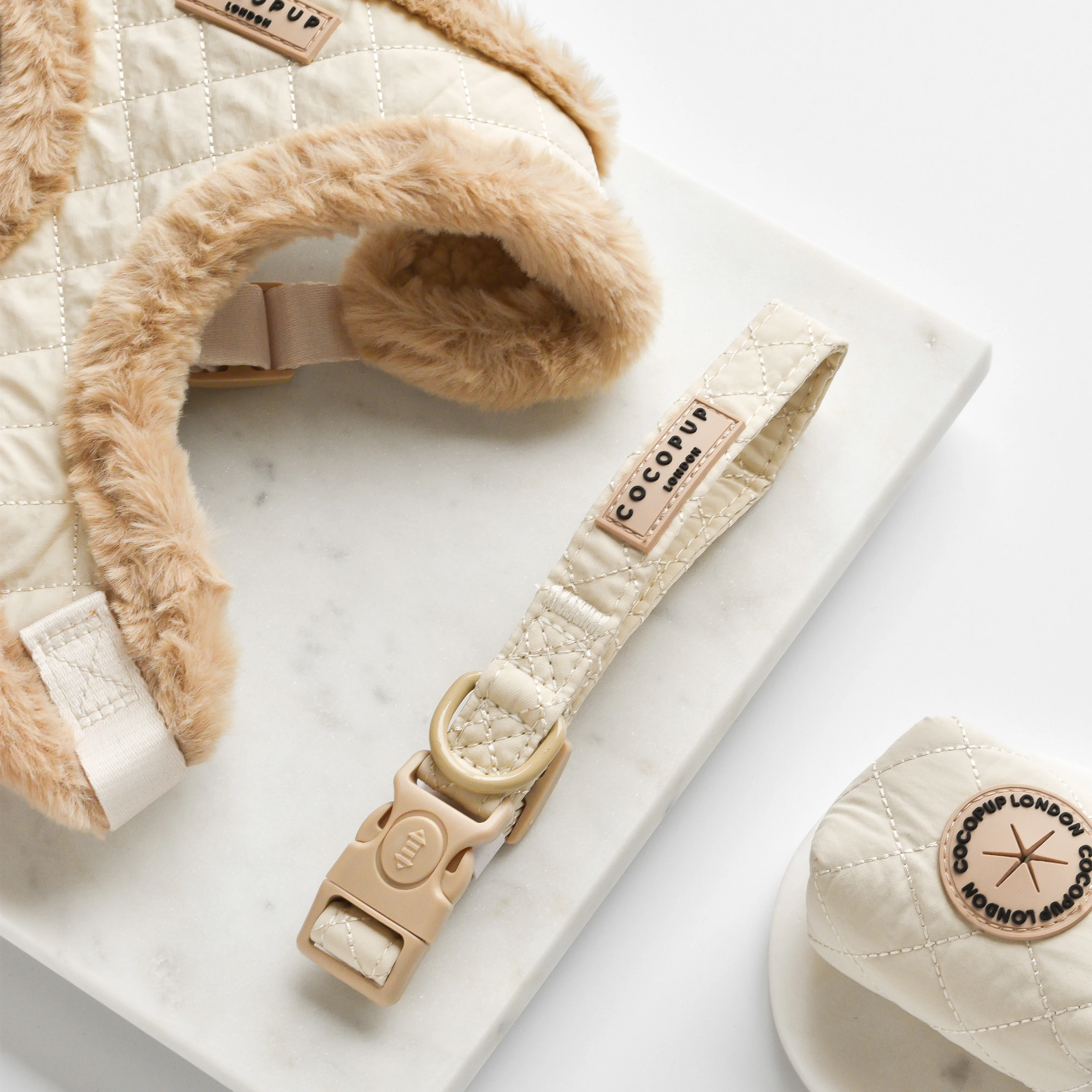 Cream Quilted Adjustable Neck Harness, Lead & Collar Bundle - Image 5