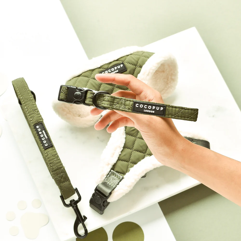Khaki Quilted Adjustable Neck Harness, Lead & Collar Bundle - Image 3