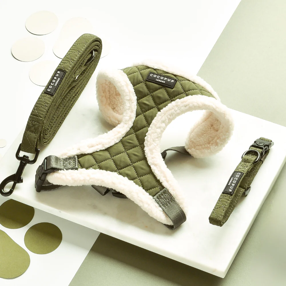 Khaki Quilted Adjustable Neck Harness, Lead & Collar Bundle - Image 4