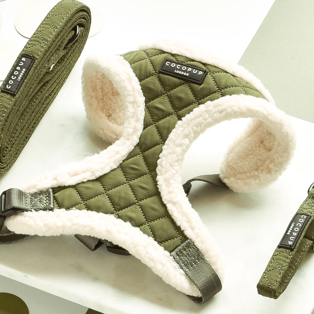 Khaki Quilted Adjustable Neck Harness, Lead & Collar Bundle - Image 6