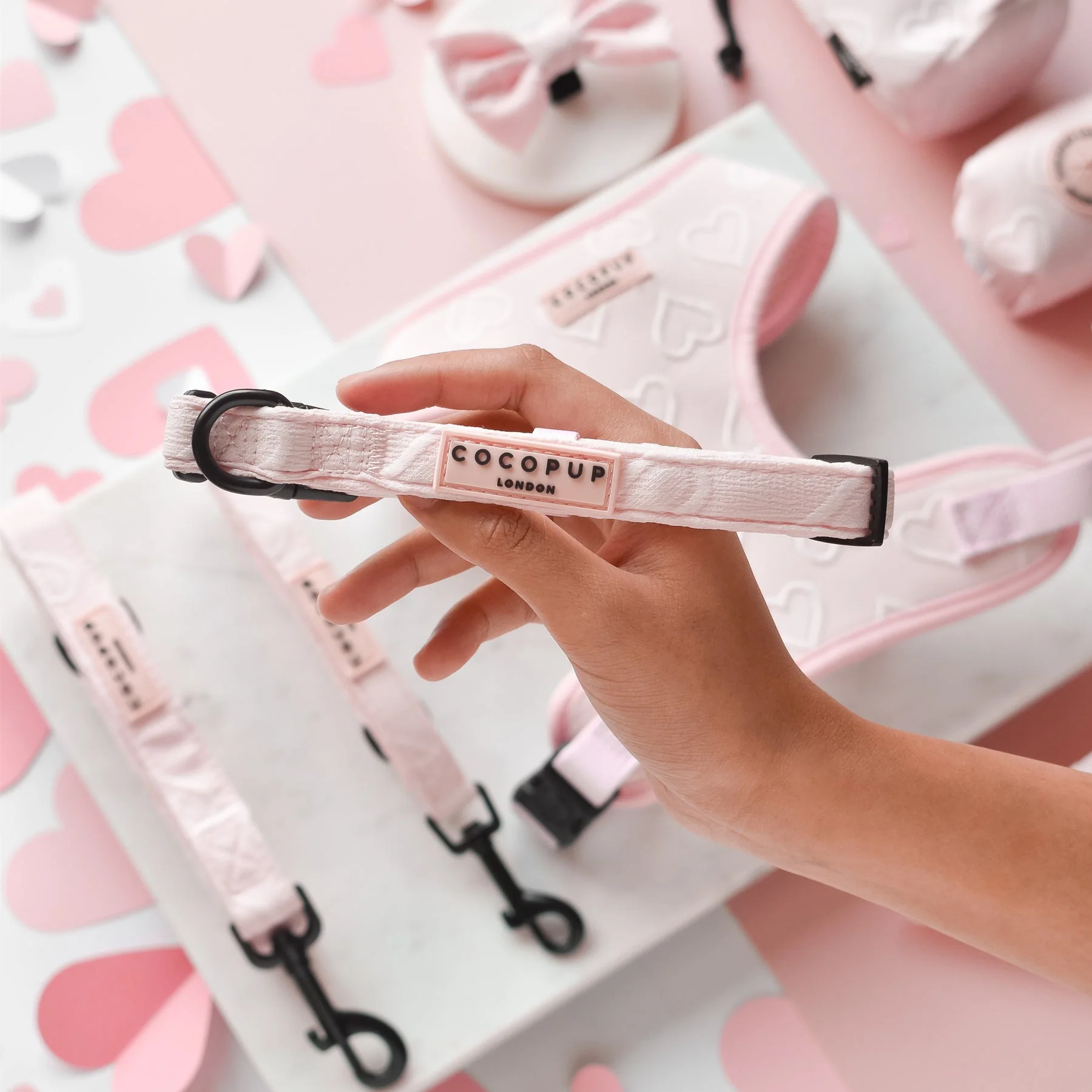 Luxe Baby Pink Heart Adjustable Neck Harness, Lead & Collar Bundle - Image 5