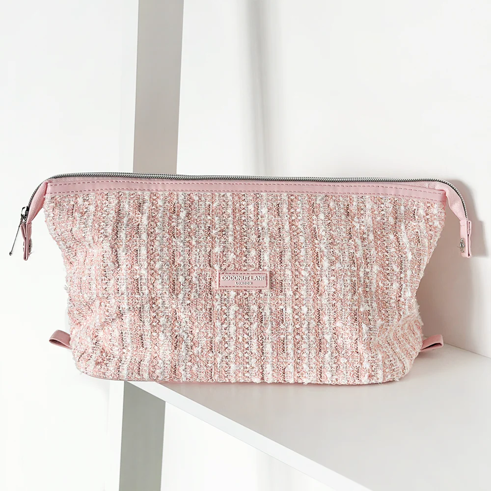 Pink Textured Tweed Expandable Makeup Bag - By Coconut Lane