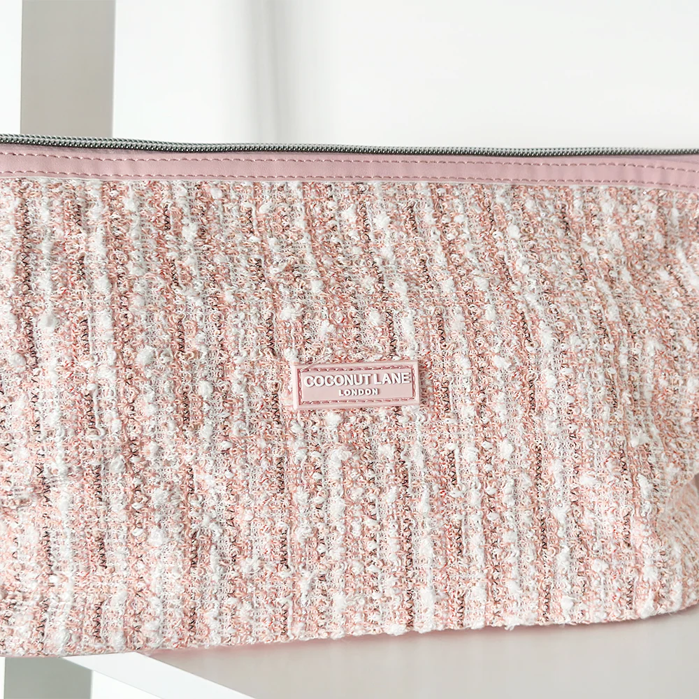 Pink Textured Tweed Expandable Makeup Bag - By Coconut Lane - Image 4
