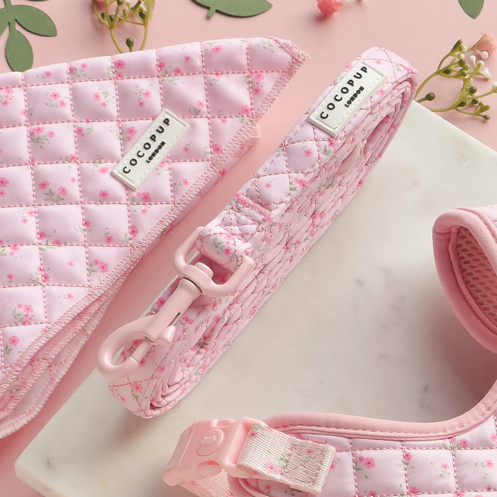 Quilted Ditsy Floral Pink Adjustable Neck Harness, Lead & Collar Bundle - Image 5