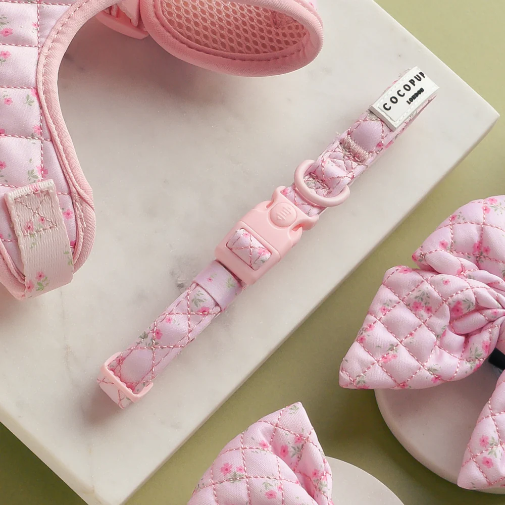 Quilted Ditsy Floral Pink Adjustable Neck Harness, Lead & Collar Bundle - Image 6