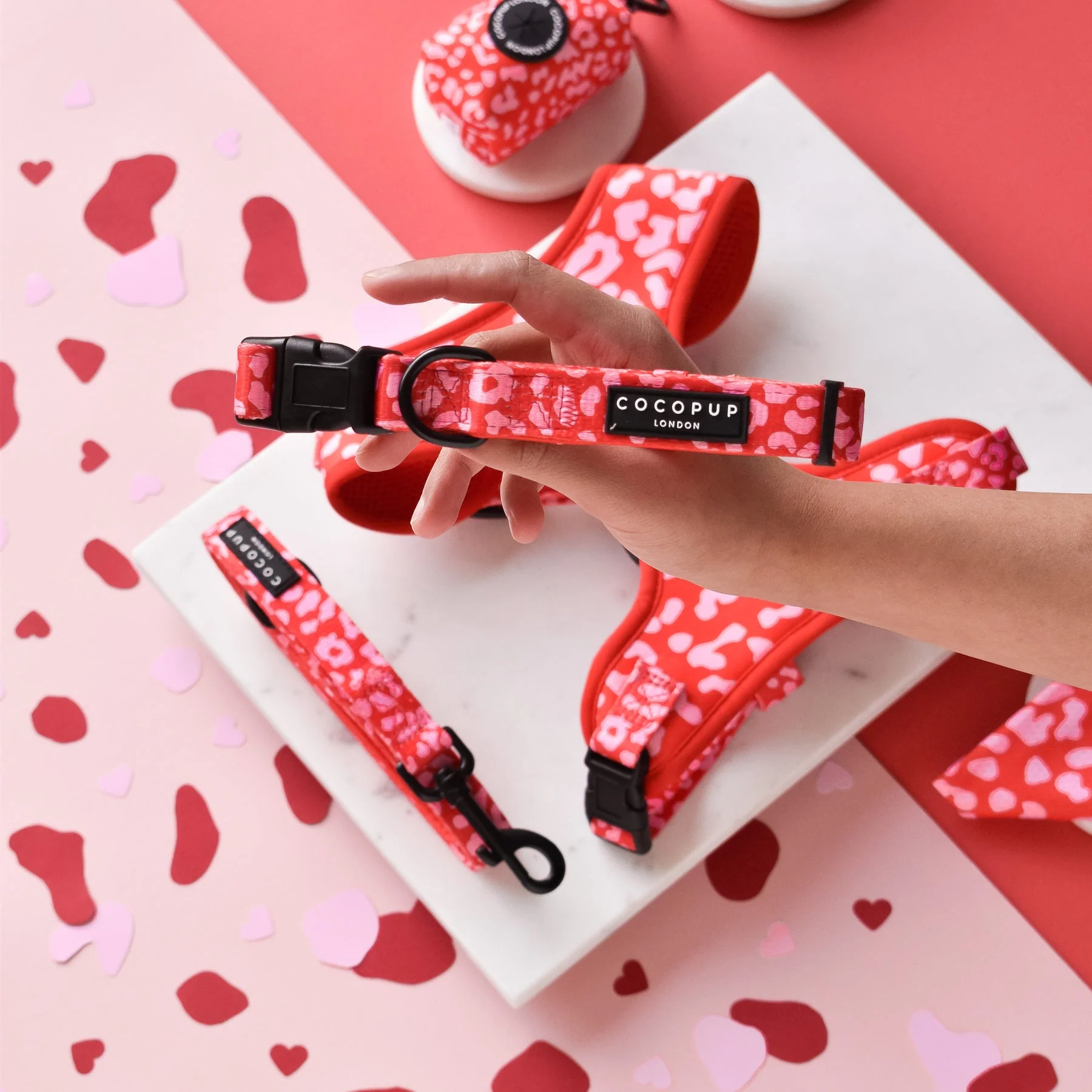 Red & Pink Leopard Adjustable Neck Harness, Lead & Collar Bundle - Image 5