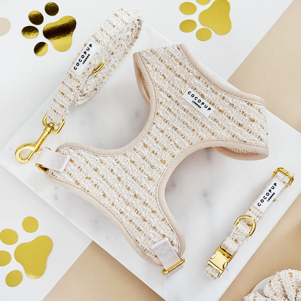 Vanilla Textured Tweed Adjustable Neck Harness, Lead & Collar Bundle - Image 2