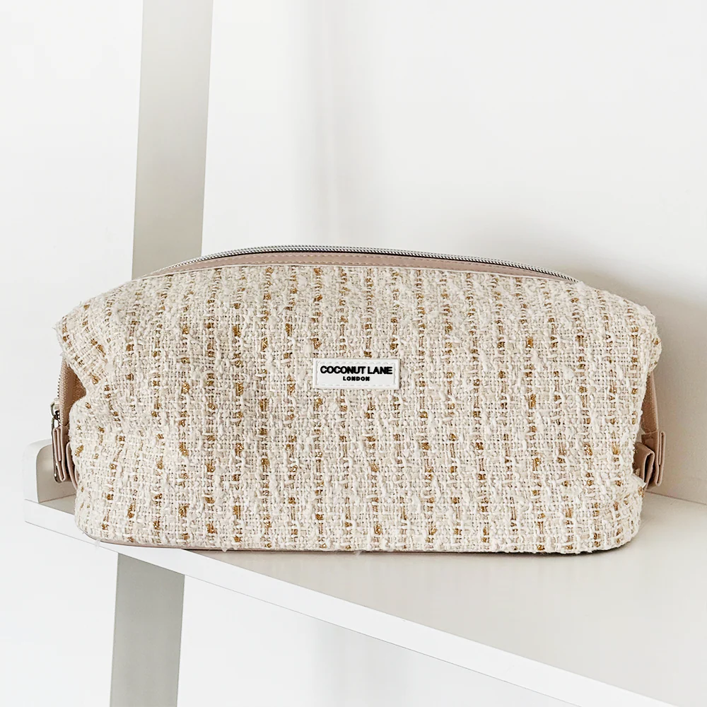 Vanilla Textured Tweed Expandable Makeup Bag - By Coconut Lane - Image 2