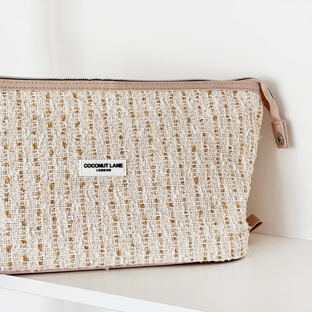 Vanilla Textured Tweed Expandable Makeup Bag - By Coconut Lane - Image 3